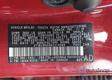 2019 Toyota Corolla Le from USA, damaged, VIN 2T1BURHE6KC214369
